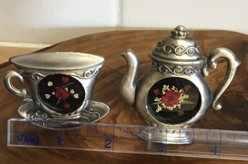 Vintage Pewter Teapot Cup Saucer Miniature Dried Flower Tabletop Frames 2pc Set - Picture 10 of 11