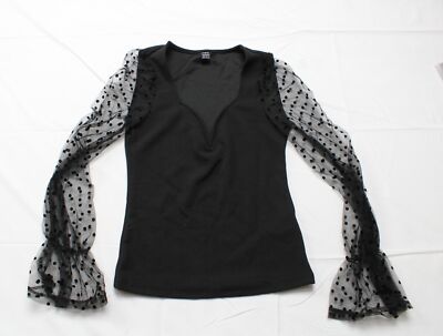 SHEIN Women's Privé Ruffle Cuff Swiss Dot Mesh Sleeve Top LV5 Black Size XS