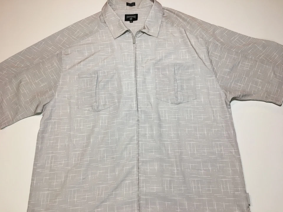 Hombre Rocawear Estampado Cremallera Manga Corta Gris Camisa XXL Doble Bolsillo Barbero, B7 Foto 2 de 4