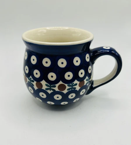 Polish Pottery Boleslawiec Hand Made Ceramic Bubble Mug Peacock Pattern 3.5in8oz