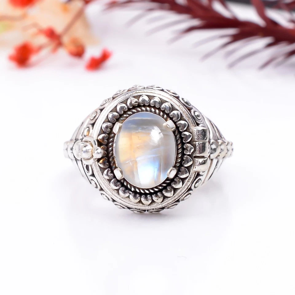 Anillo venenoso hecho a mano de piedras preciosas de luna naturales anillo venenoso de piedra lunar de plata 925 Foto 2 de 4