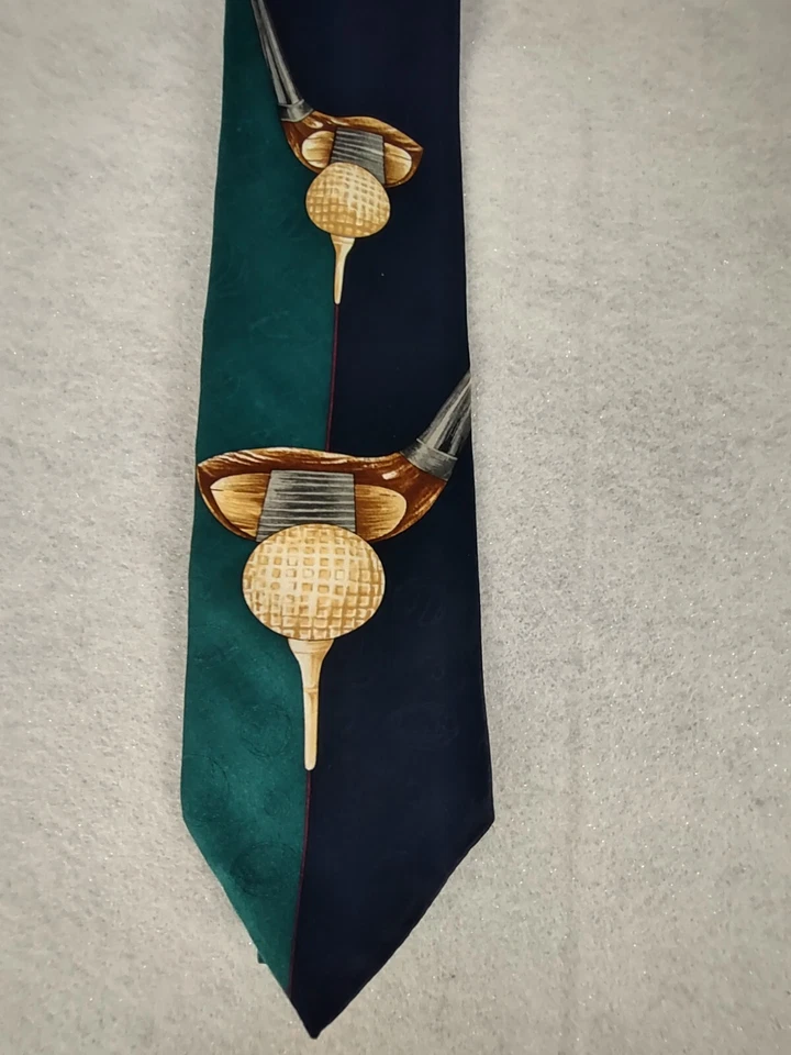 Corbata deportiva Evan Picone azul, verde, tostada, temática de golf 100 % seda Foto 3 de 4