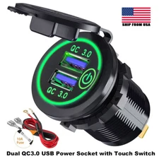 Green Car Charger Socket QC 3.0 Dual USB Port Touch Switch Phone Fast Charging  