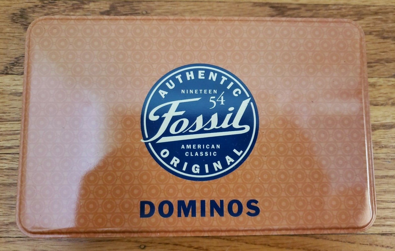 Authentic Fossil Dominos w Tin Metal Storage Authentic Fossil Dominos w Tin Metal Storage