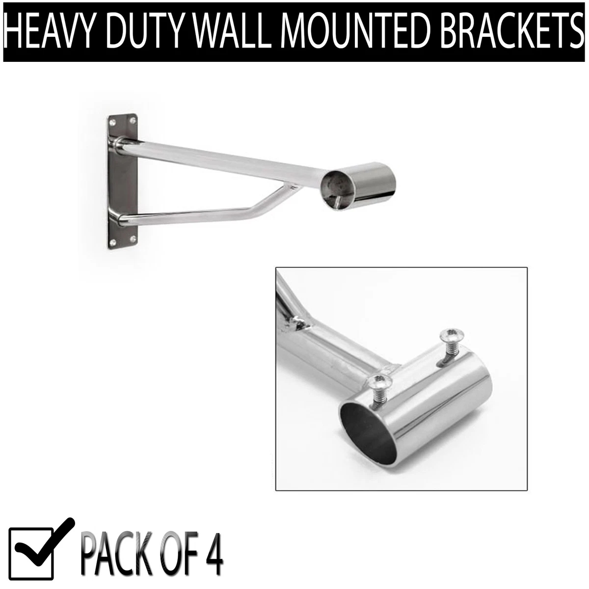 4x WALL MOUNTED CLOTHES RAIL BRACKET SCREW FIX CHROME HANGING ARM FITS 25 32mm