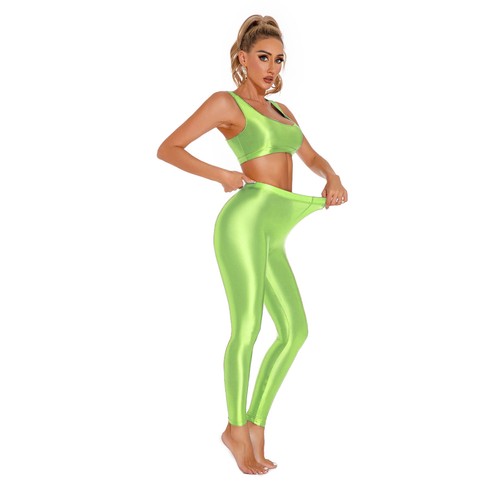 UK Women's Glossy Sleeveless Crop Top with High Waist Pants Yoga Gym Sports Set - Picture 80 of 108