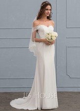 JJ's House Off-Shoulder Lace Sheath Wedding Dress White US6 Train