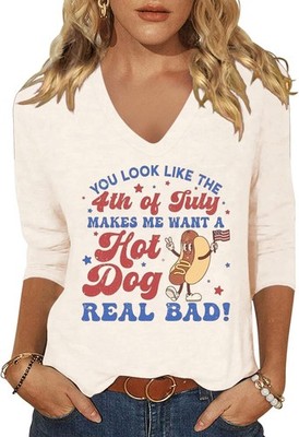 Womens 3/4 V Neck Sleeve American Flag Shirts 4th of July Summer Shirts Graph...