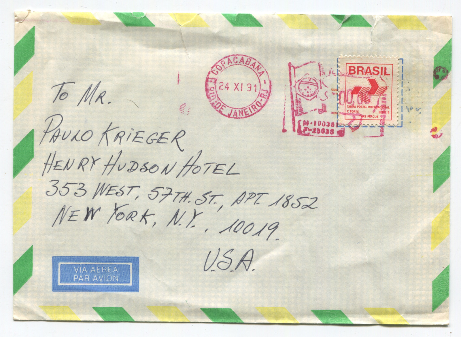 Brazil 1991 Copacabana Rio to NY USA Airmail Cover 24 XI 91