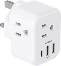 US to UK Ireland Plug Adapter, Addtam Type G Power Adapter with 3 AC white 