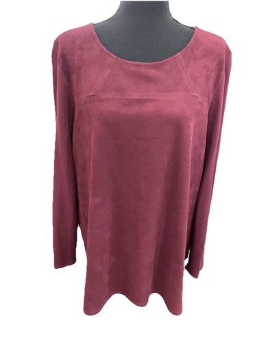 Chicos Faux Suede Front Tunic Long Slv Burgundy SZ XL 3 - Picture 5 of 13