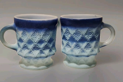 2 Vintage Anchor Hocking Fire King Oven Proof Kimberly Blue Coffee Cups
