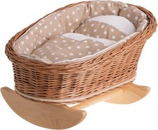 Wicker Doll Cradle Bed with Bedding Rocking Bassinet Vintage Style Toy Brown
