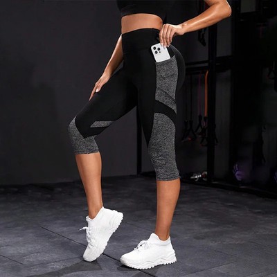 Women Colorblock Yoga Capri Leggings High Waist Pockets Tummy Control Legging