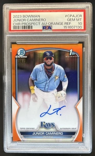 2023 Bowman Junior Caminero Chrome Auto Orange Refractor 1st #/25 Rays PSA 10