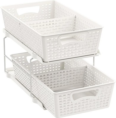 2 Tier Bathroom Organizer Tray Pull-Out Sliding Drawer/Under-Sink Storage, White