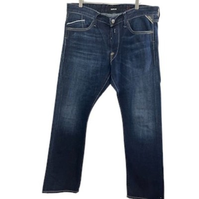 Replay Jeans Men 36 Blue Denim Straight Leg Button Fly Dark Wash Faded Vintage