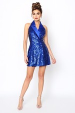 Niteline Della Roufogali 100 Silk Halter Dress Womens 8 Blue Sequins Cocktail