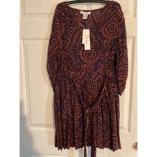 Pinky Women Navy Rust Paisley V-Neck Tie Waist Pocket Dress 7R7259-BK Size M NEW