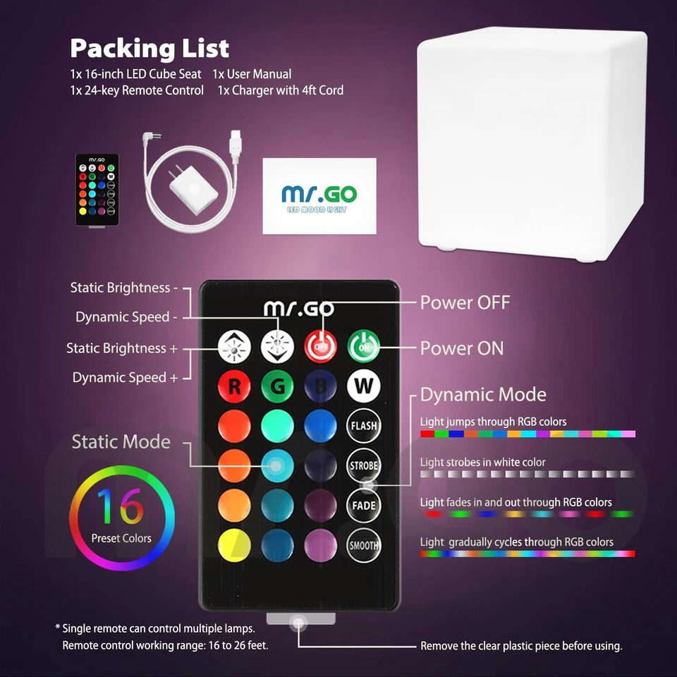 Luz de silla cubo recargable de 16 pulgadas, asiento cubo brillante de 16 colores RGB con control remoto,... Foto 4 de 4