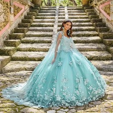 Turquoise Mexican Quinceanera Dress 3D Flower Decal Pearl Chiffon Ball Gowns