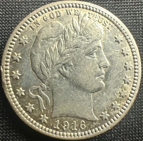 1916 Barber Quarter AU Little Toning Around Rim