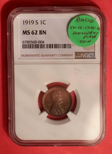 1919 S Lincoln Wheat Cent Mint Error - NGC MS 62 BN - Cud 16 - Disc./Plate Coin