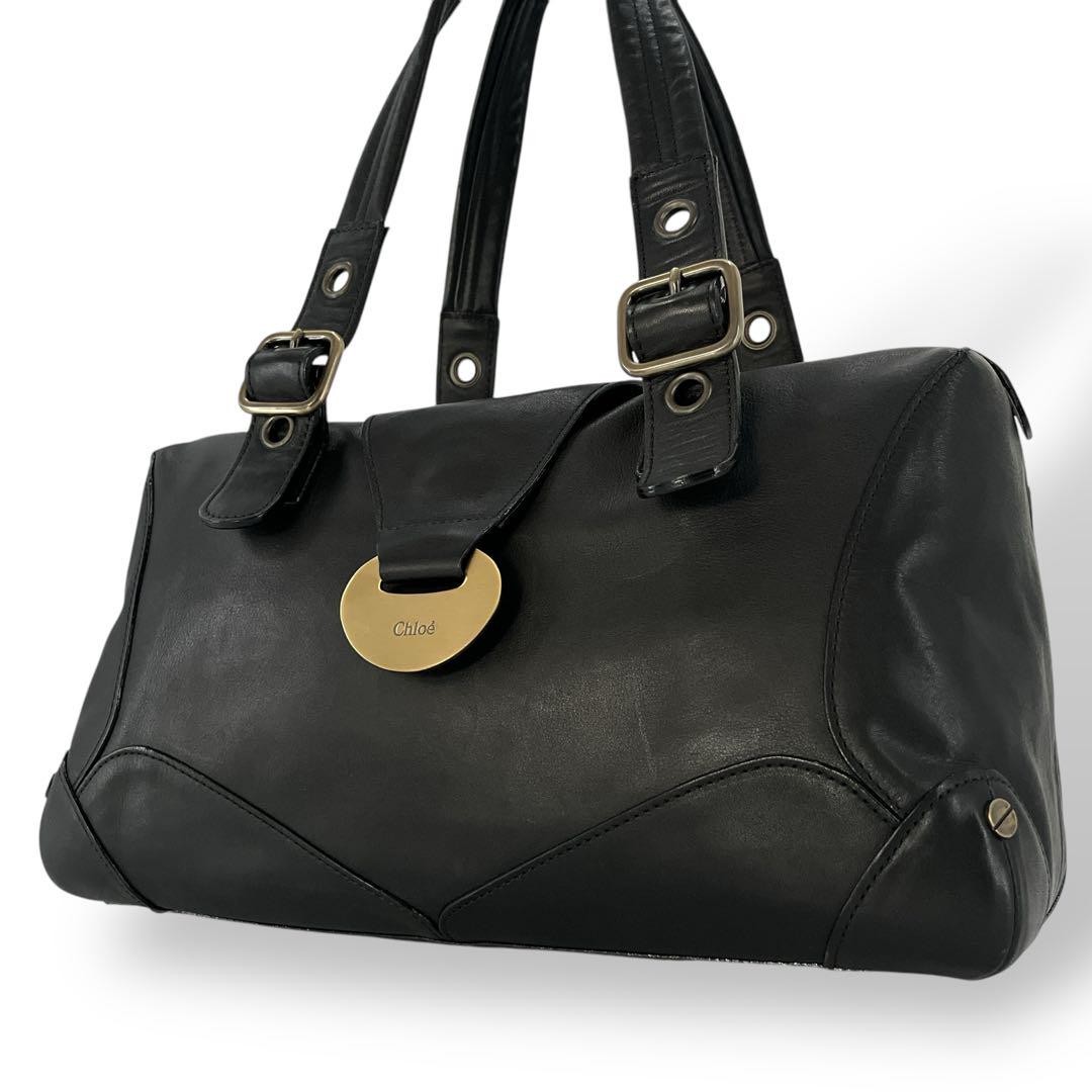 Chloe Mini Boston Bag in Black Leather with Flap Closure and Logo