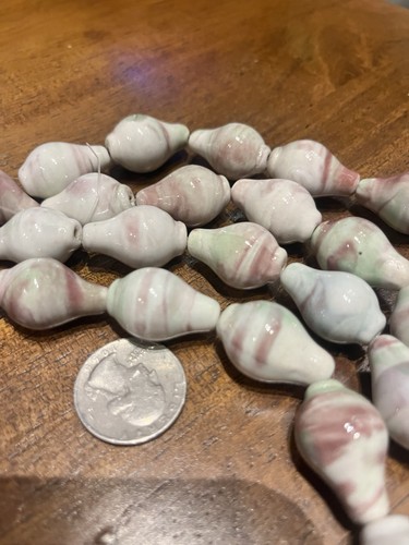 Vintage Strand Medium Beads Glazed Green And White Ceramic 8in Strand