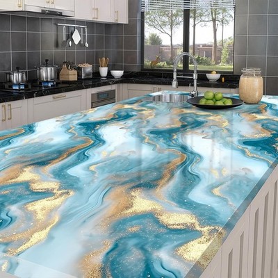 Glossy Blue Marble Wallpaper Peel and Stick 15.7x39.4 Self Adhesive Removable