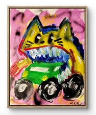 Original Art Cat Eating Car 14x11 Basquiat Style Graffiti Abstract Art Painting