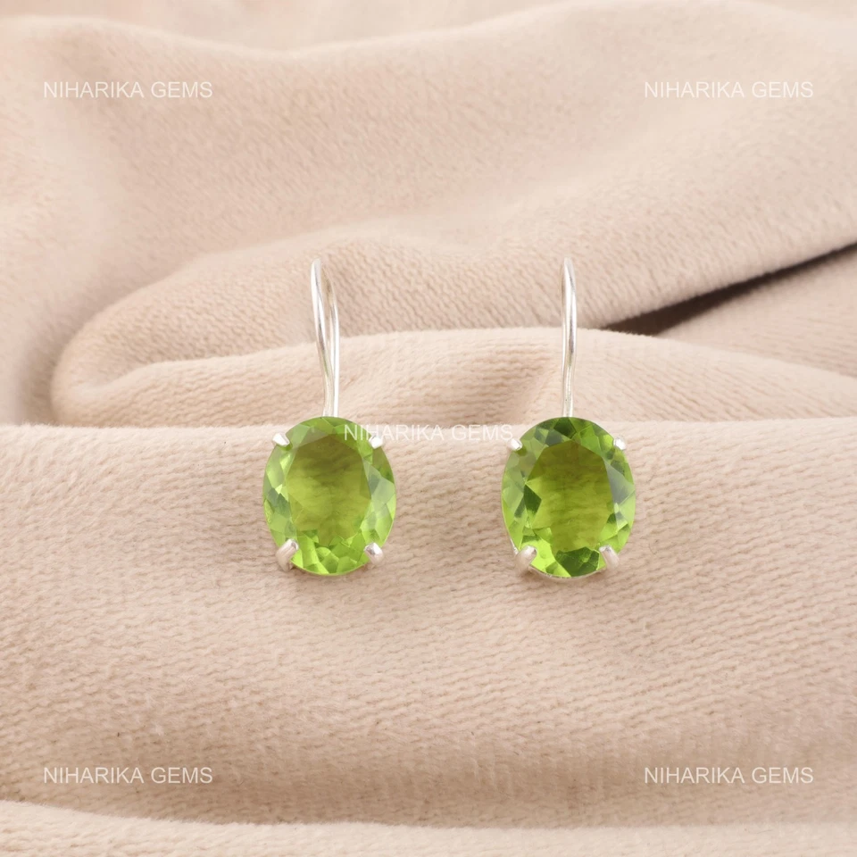 Oval Natürlich Peridot 925 Silber Art Déco Mutter Weihnachten Ohrhänger Ohrringe - Bild 3 von 4