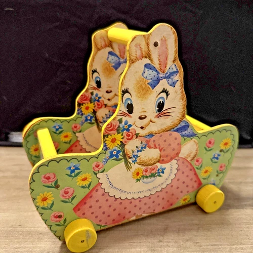 Vintage 1960s Fisher-Price Easter Bunny Rabbit Push Toy Cart