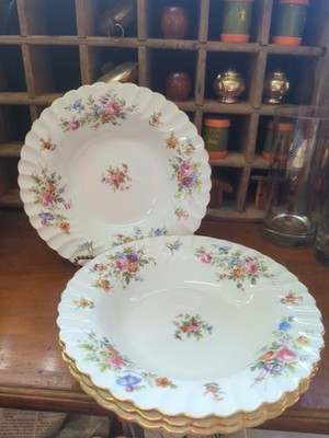 Minton China England Marlow Set Four Soup Bowls Floral Gold Band 1959-97 EUC