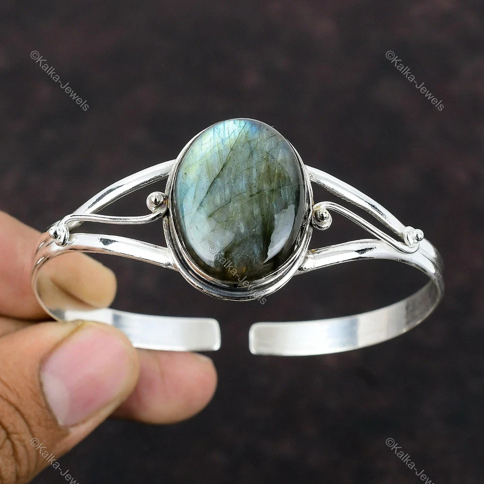 Labradorite Bangle 925 Sterling Silver Gemstone Handmade Beautiful Cuff Bracelet - Image 3 of 4