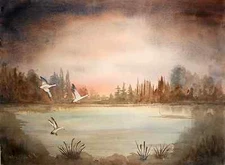 Geese Landing on Pond at Sunset Landscape Original Watercolor, American, Nickel