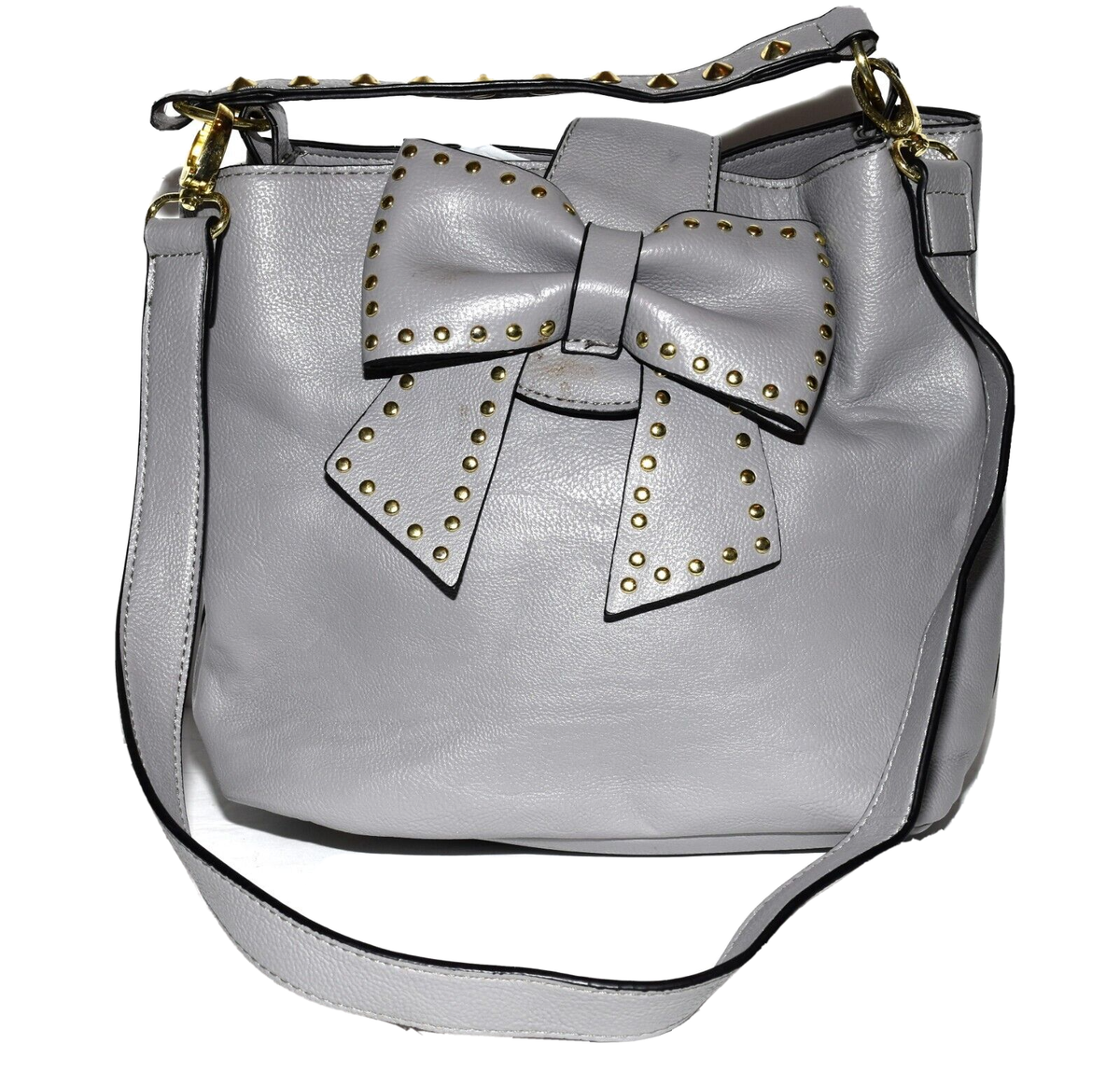 Betsey Johnson Gray Faux Leather Studded Bow Detachable Strap Shoulder Bag  NWOT