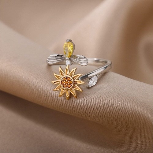 Anillo giratorio antiestrés de oro 18K, abeja girasol para mujer - Imagen 4 de 4