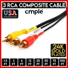 3 RCA Composite Cable Yellow Red White Video Audio AV Gold Plated Wire LOT