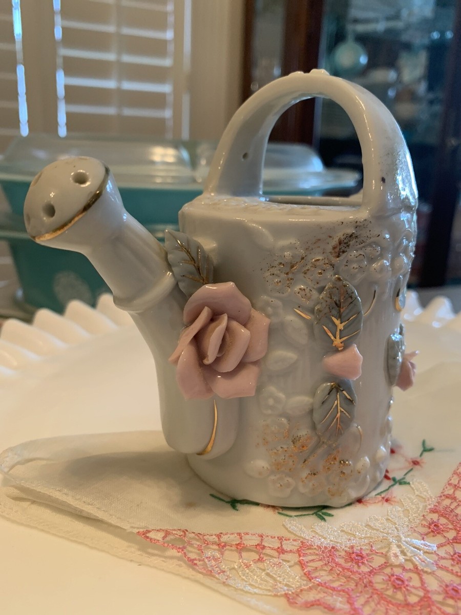 Ceramic Watering Can w Applied Pink Roses & Green Leaves