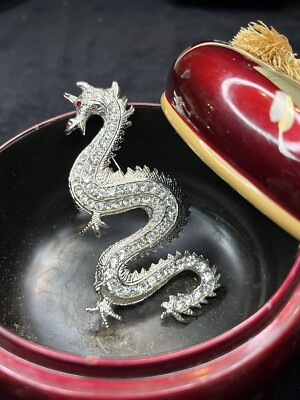 Lg Vintage Silver Tone Rhinestone Dragon Spiral Accent Brooch