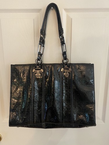 TORY BURCH Nico East West Tote Bag Black Patent Leather Lux Logo Silver Hardware