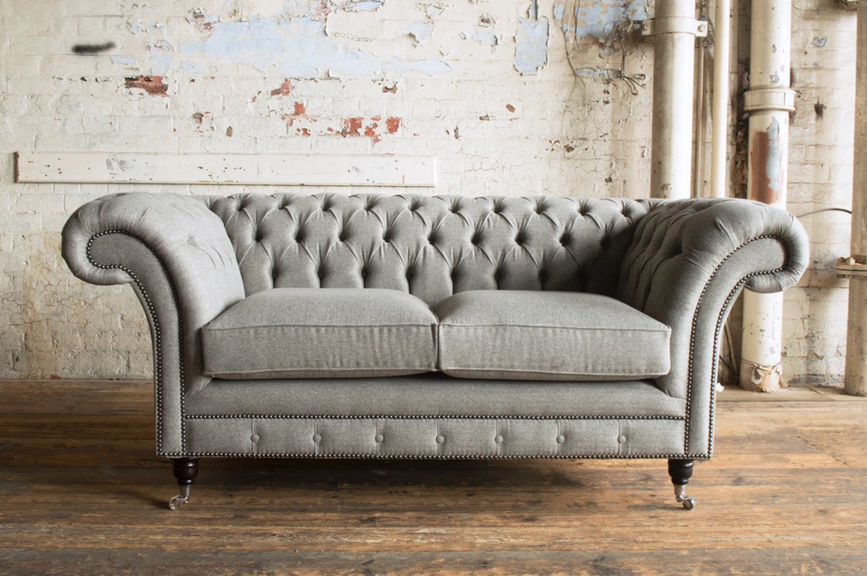 HANDMADE 2 SEATER WARM GREY WOOL FABRIC CHESTERFIELD SOFA COUCH