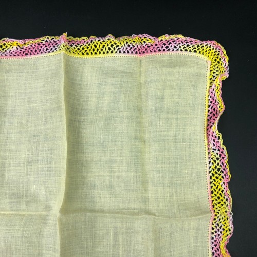 Vintage Womens LINEN Handkerchief Hanky Hankie Crochet Lace Sherbert Yellow Pink - Picture 4 of 8