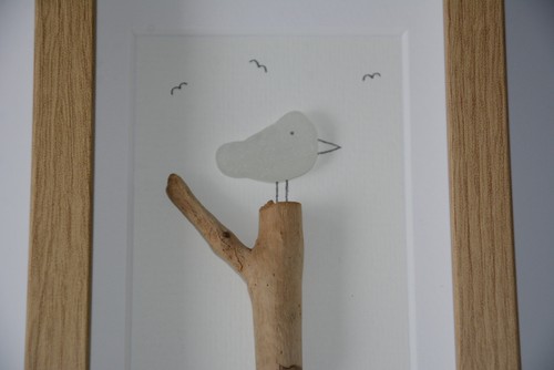 Seeglas-Bild "Vogel auf Baumstamm" 17 x 12 Strandglas Strandgut Meerglas Rügen - Bild 7 von 20