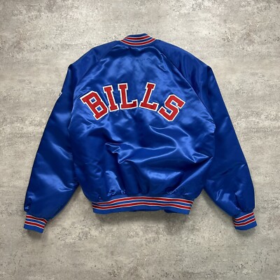 VTG 90s NFL BUFFALO BILLS CHALK LINE SATIN BOMBER JACKET SPELL OUT