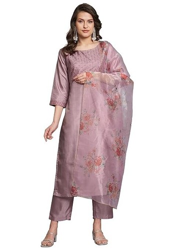 Alle Farben Seidenmischung bestickt gerade Kurta Hose Set mit Organza Dupatta - Bild 7 von 24