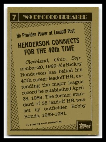 1990 Topps Rickey Henderson HOF Athletics 89 Record Breaker #7 Near Mint NM - Picture 2 of 4