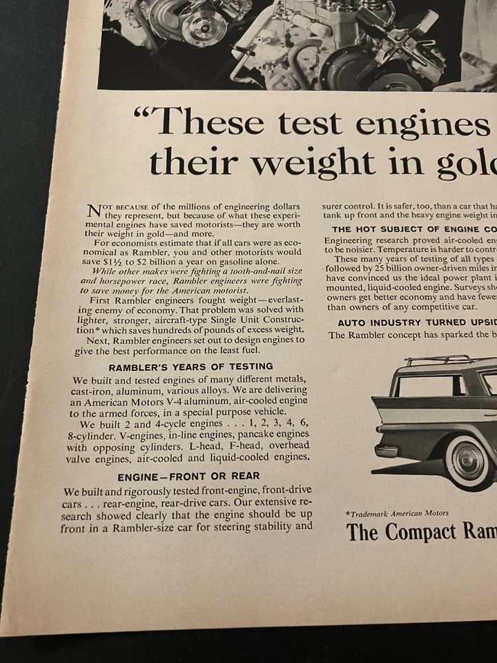 Motores de prueba AMC Rambler de la década de 1950 - Anuncio impreso original vintage / Arte de pared - LIMPIO Foto 4 de 4