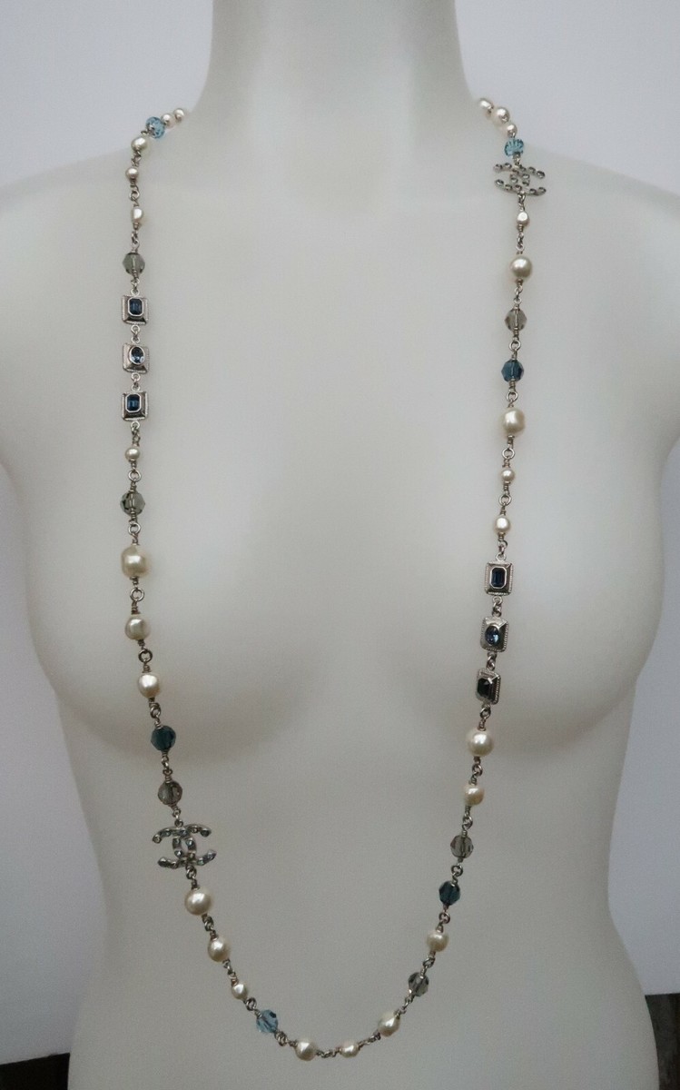 Chanel Silver-pearl-blue Crystal CC Logo Long Necklace | eBay Chanel Silver-pearl-blue Crystal CC Logo Long Necklace | eBay